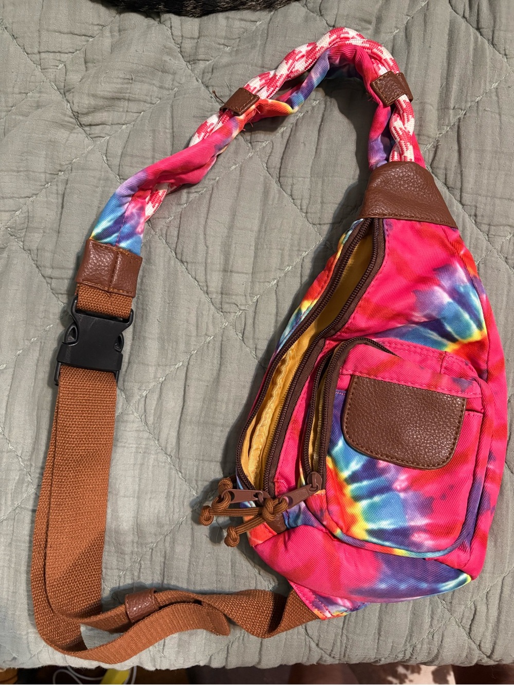 Tie-Dye Crossbody Sling Bag with Brown Accents